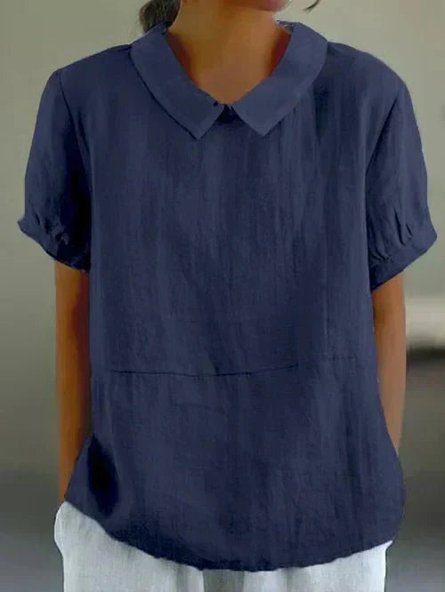 Casual Linen Blouse with Peter Pan Collar and Short Sleeves
