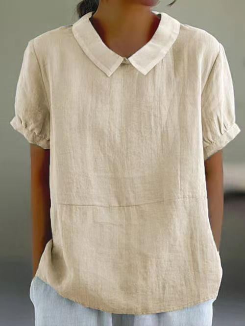 Casual Linen Blouse with Peter Pan Collar and Short Sleeves