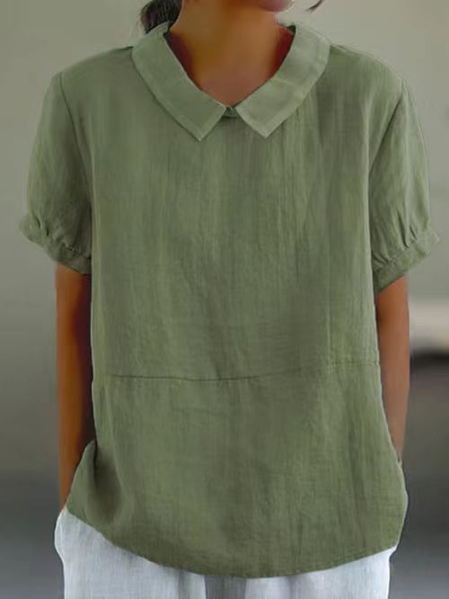 Casual Linen Blouse with Peter Pan Collar and Short Sleeves