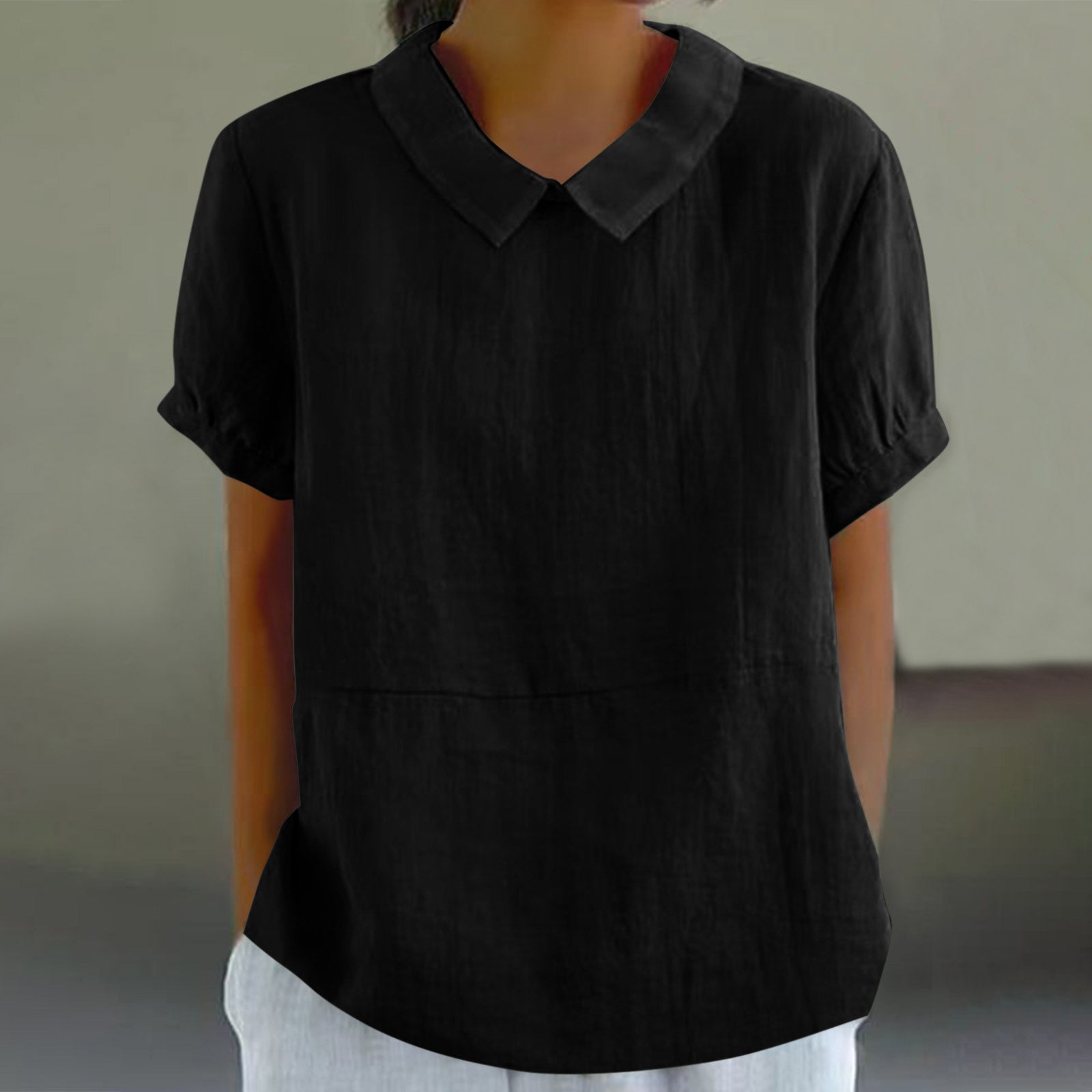 Casual Linen Blouse with Peter Pan Collar and Short Sleeves