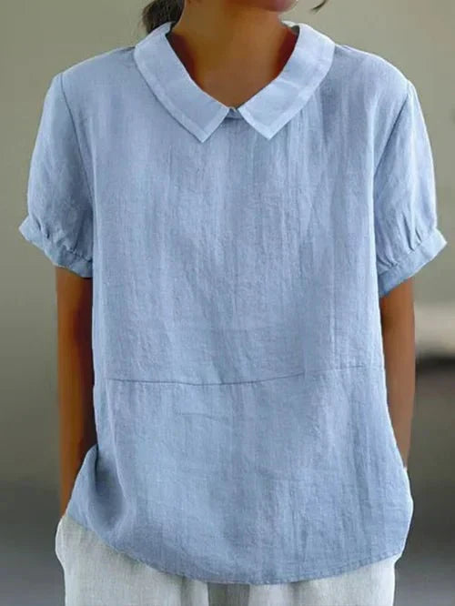 Casual Linen Blouse with Peter Pan Collar and Short Sleeves