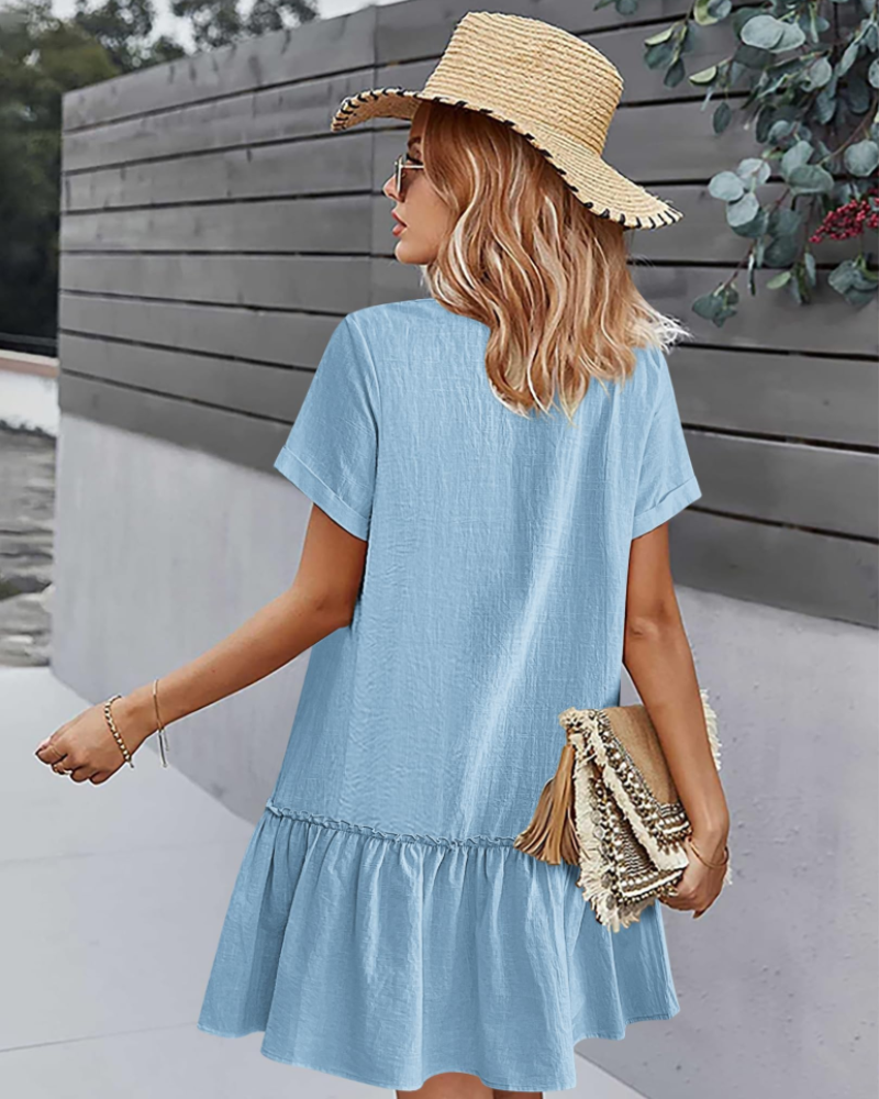 Casual Linen Button Down Summer Dress with Ruffle Hem