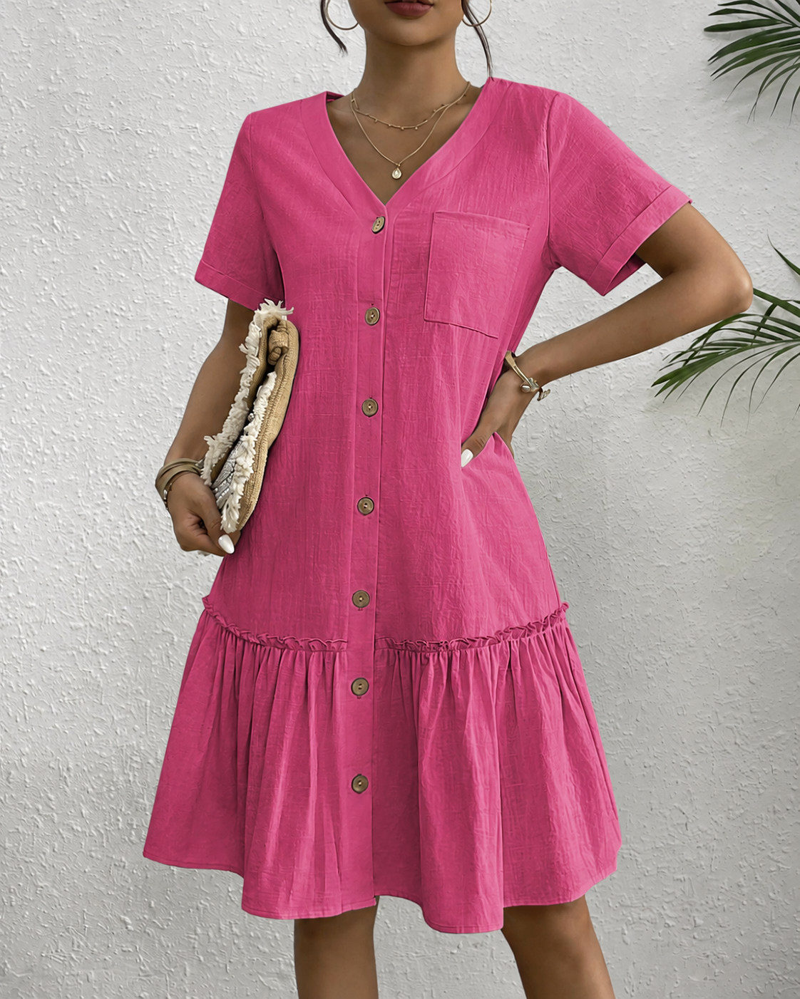 Casual Linen Button Down Summer Dress with Ruffle Hem
