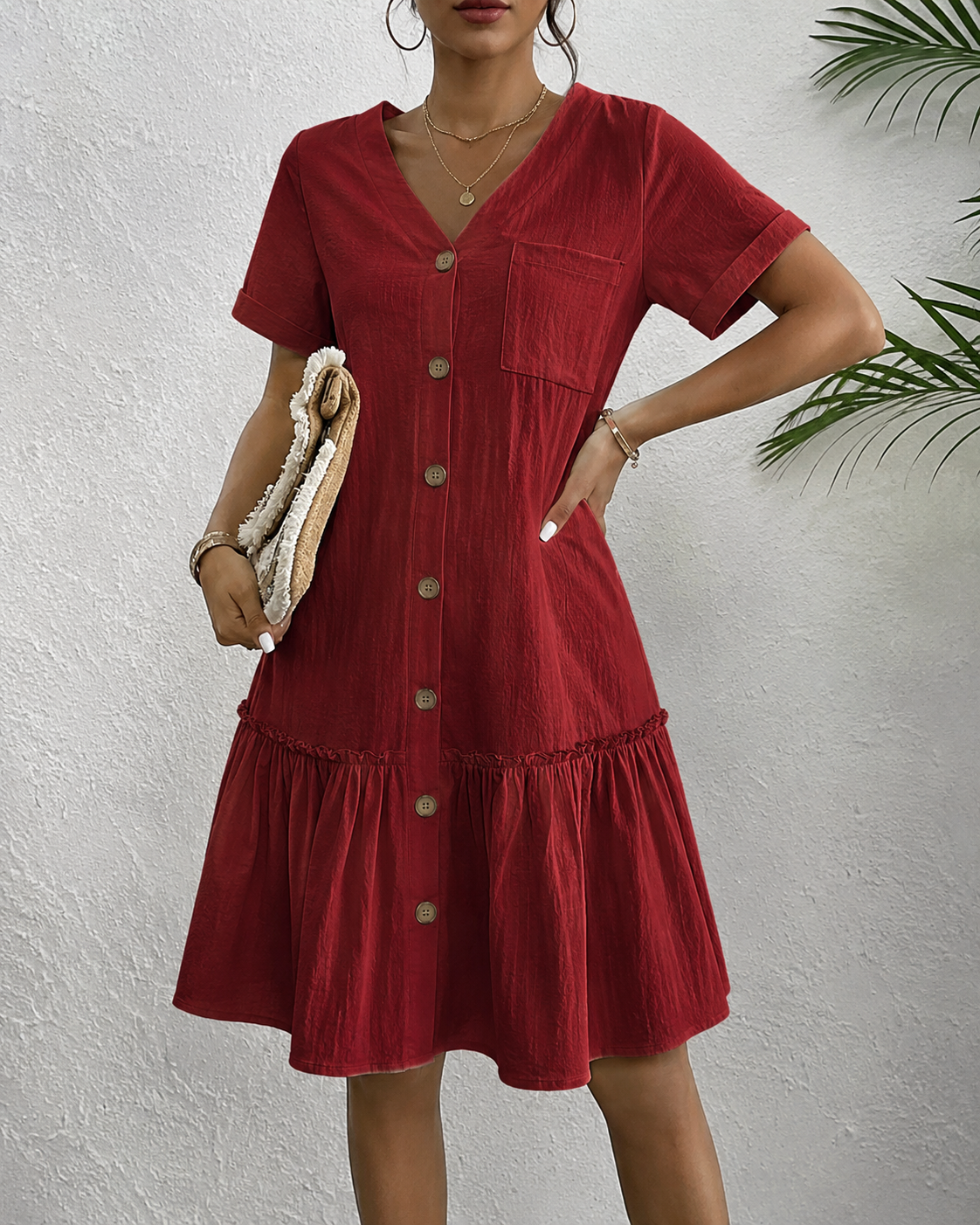 Casual Linen Button Down Summer Dress with Ruffle Hem