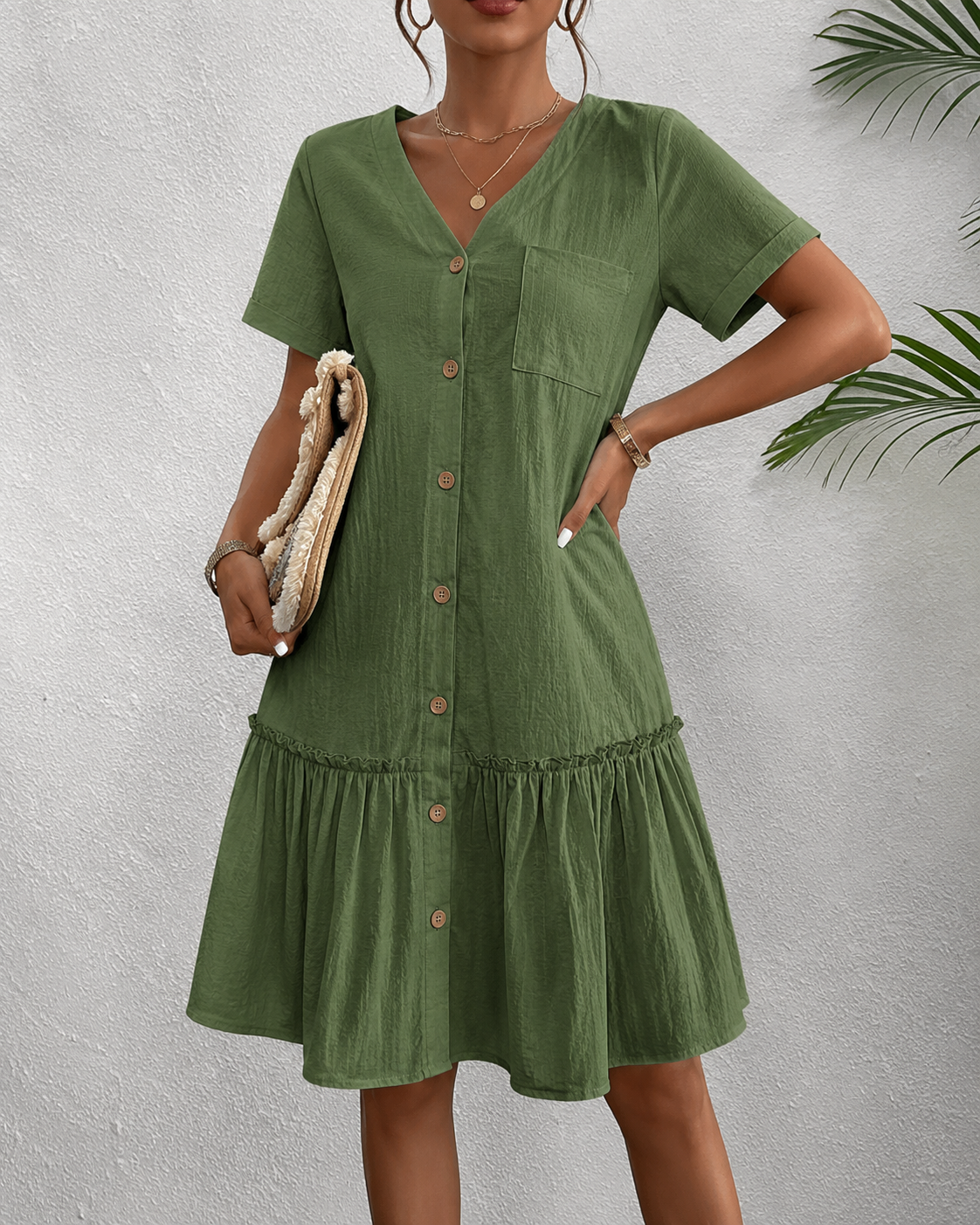 Casual Linen Button Down Summer Dress with Ruffle Hem