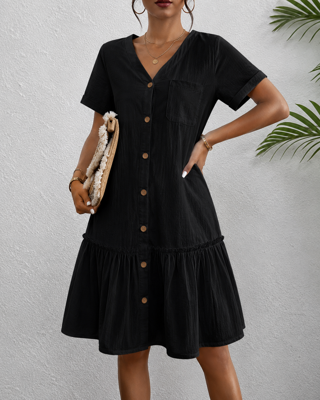 Casual Linen Button Down Summer Dress with Ruffle Hem