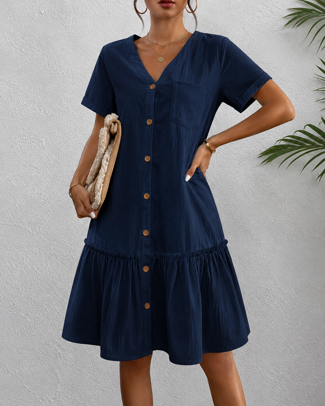 Casual Linen Button Down Summer Dress with Ruffle Hem