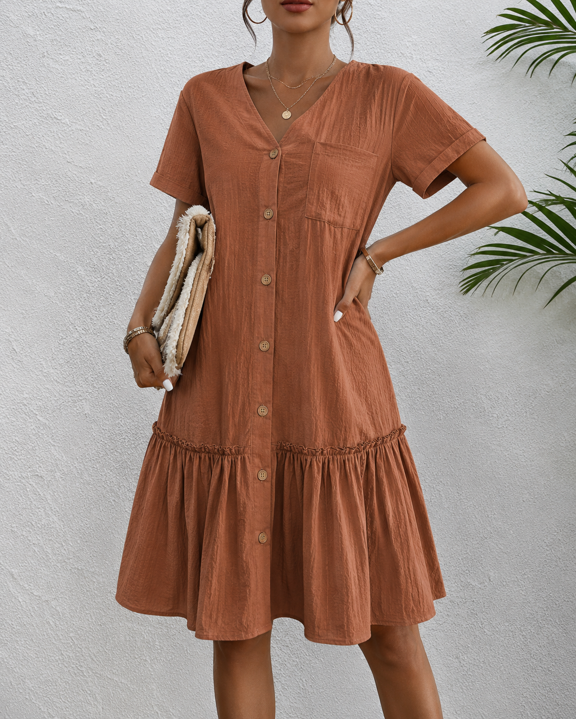 Casual Linen Button Down Summer Dress with Ruffle Hem