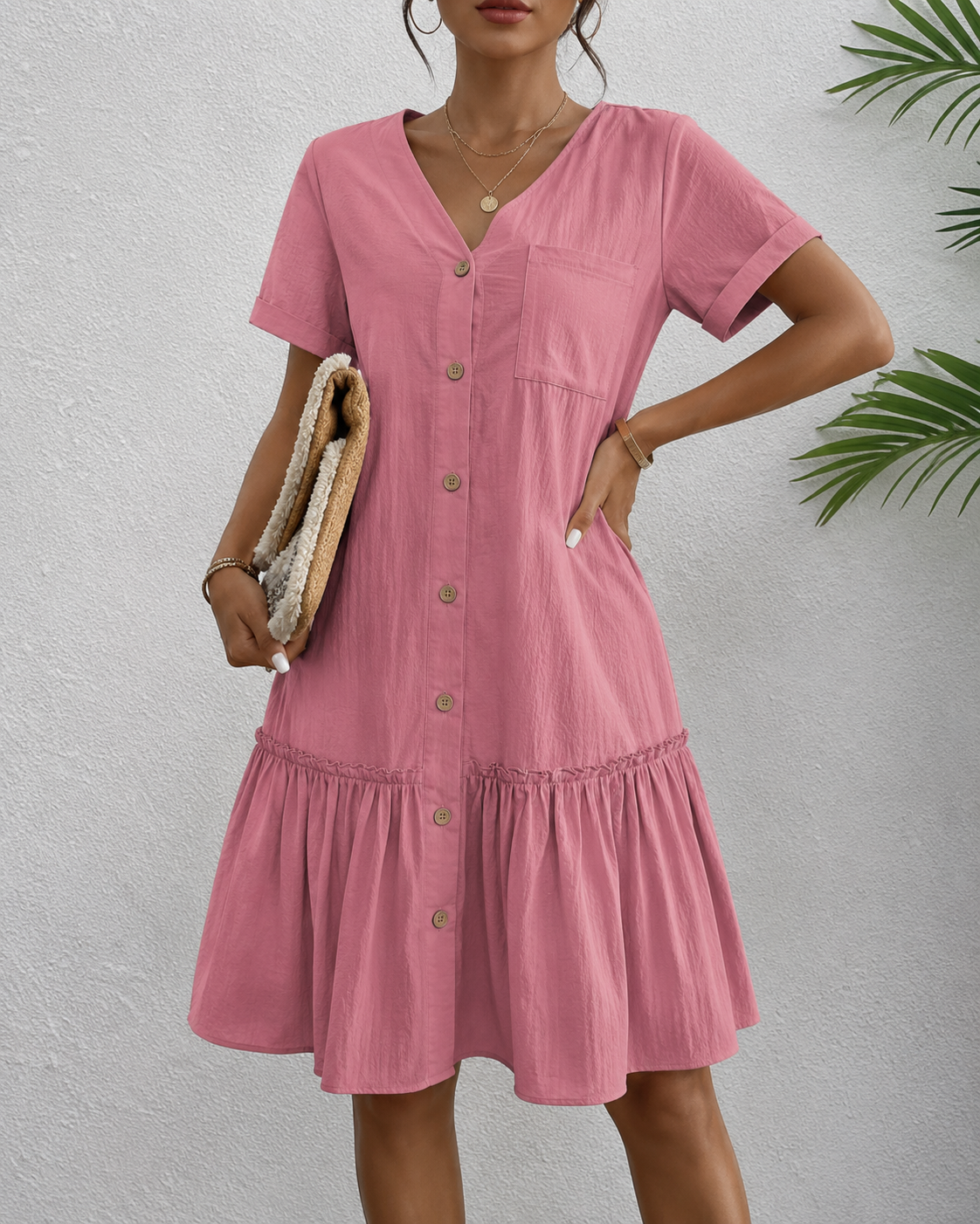 Casual Linen Button Down Summer Dress with Ruffle Hem