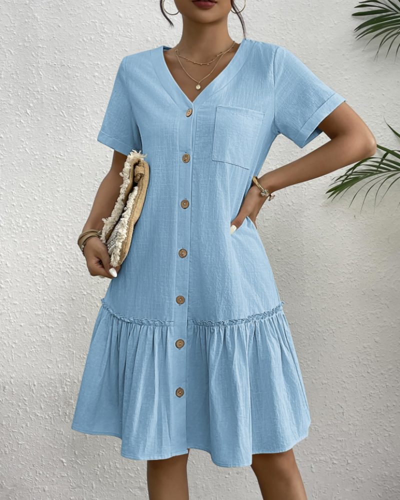 Casual Linen Button Down Summer Dress with Ruffle Hem