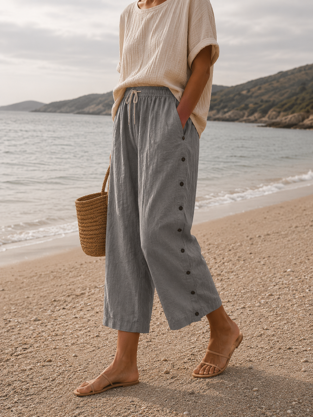 Casual Linen Capri Pants with Button Detail and Elasticated Waist