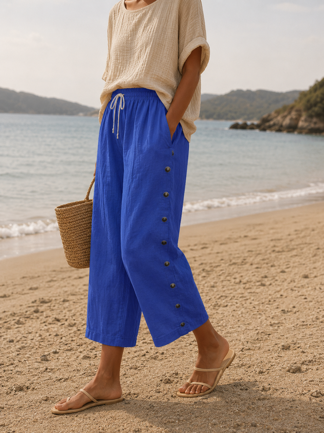 Casual Linen Capri Pants with Button Detail and Elasticated Waist