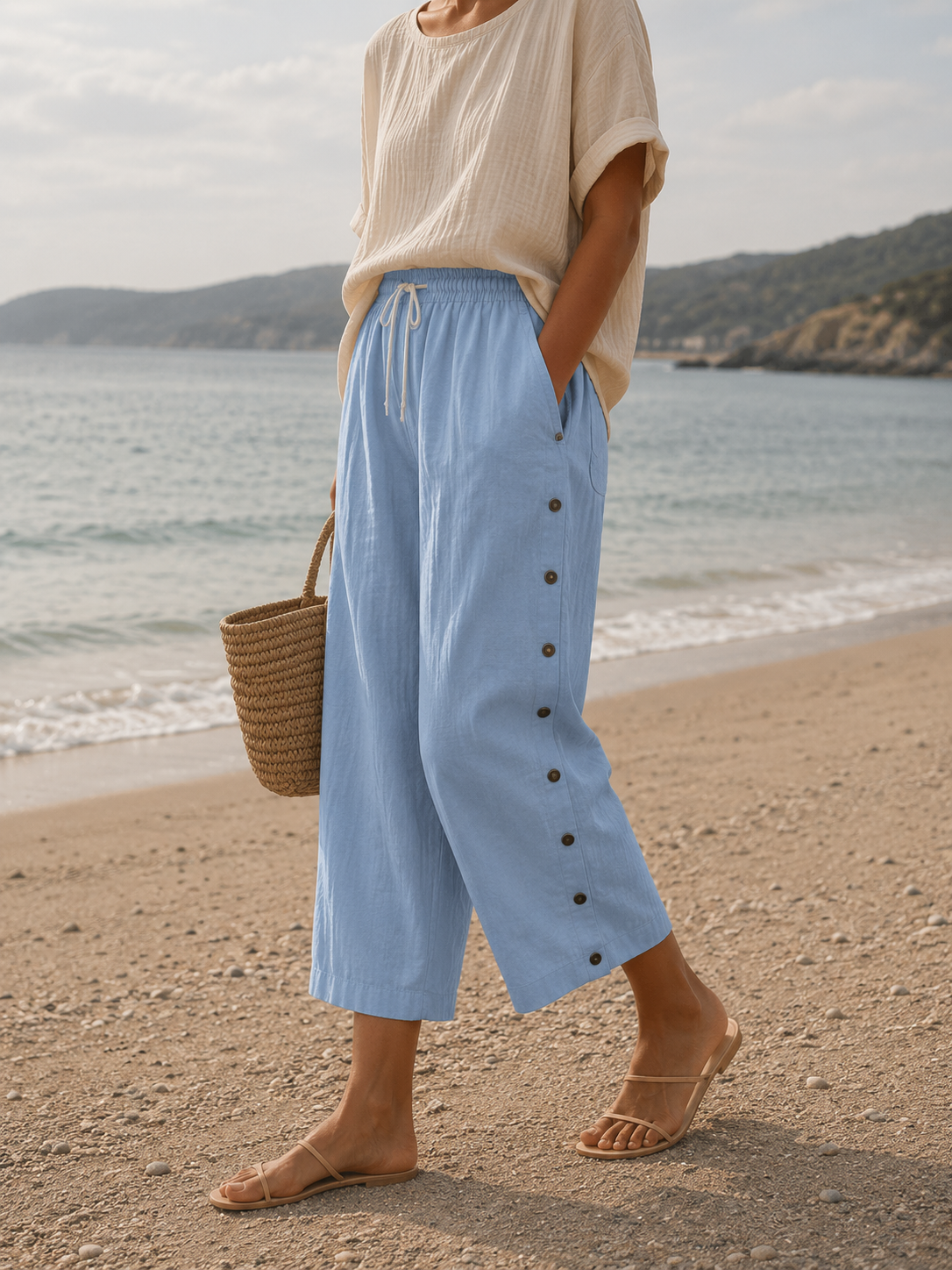 Casual Linen Capri Pants with Button Detail and Elasticated Waist