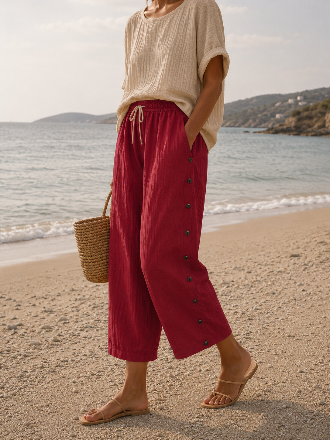 Casual Linen Capri Pants with Button Detail and Elasticated Waist