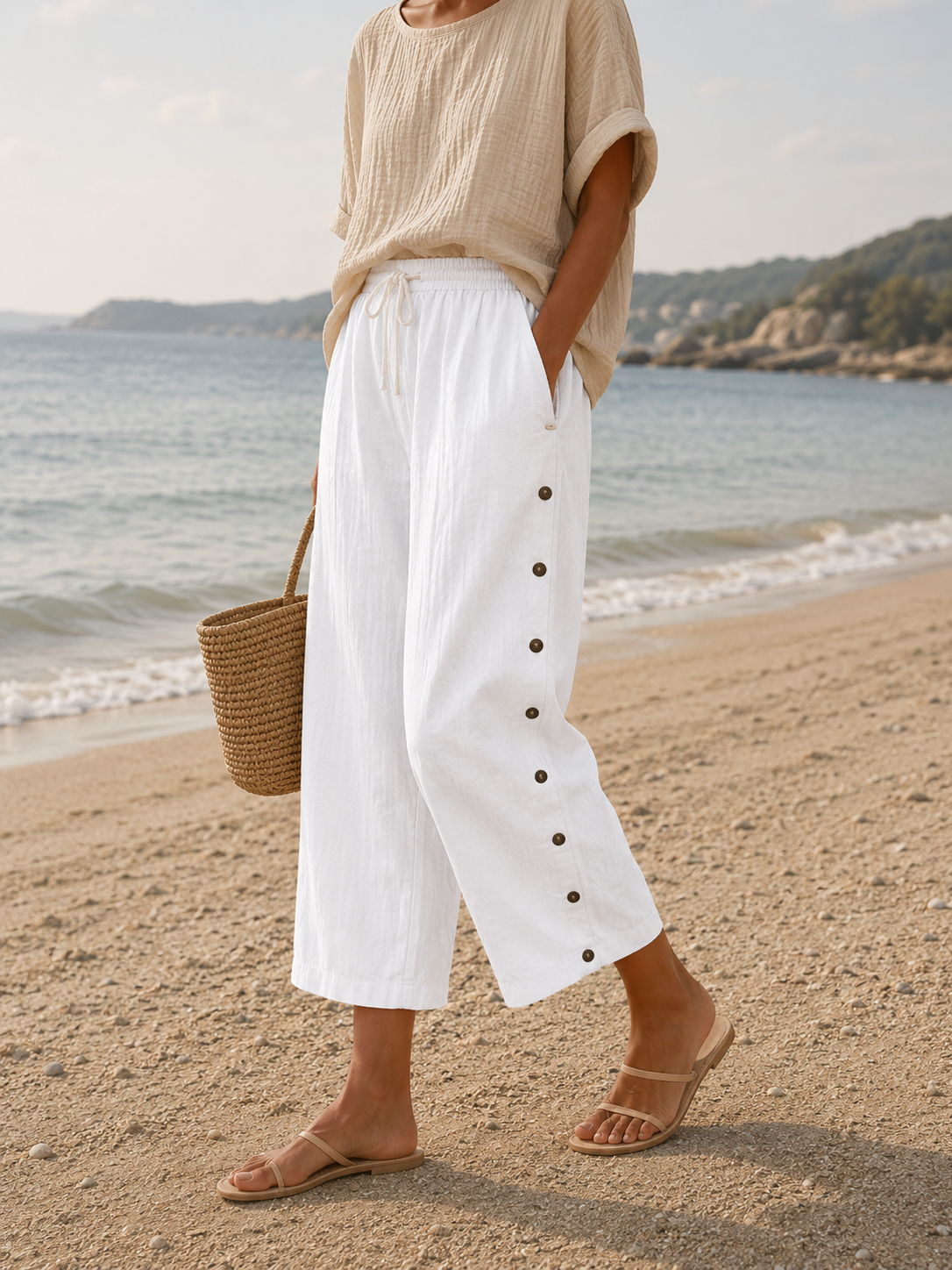 Casual Linen Capri Pants with Button Detail and Elasticated Waist