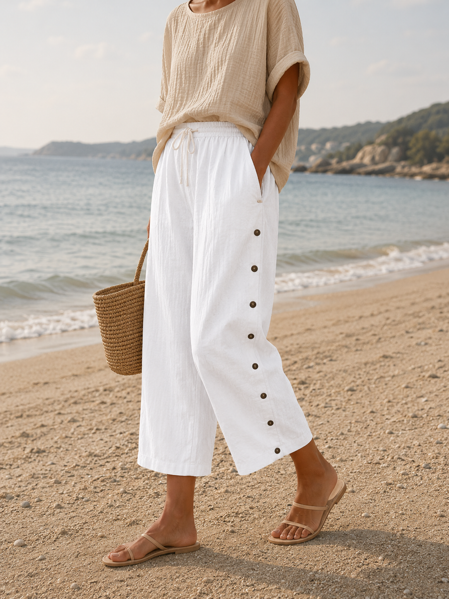 Casual Linen Capri Pants with Button Detail and Elasticated Waist