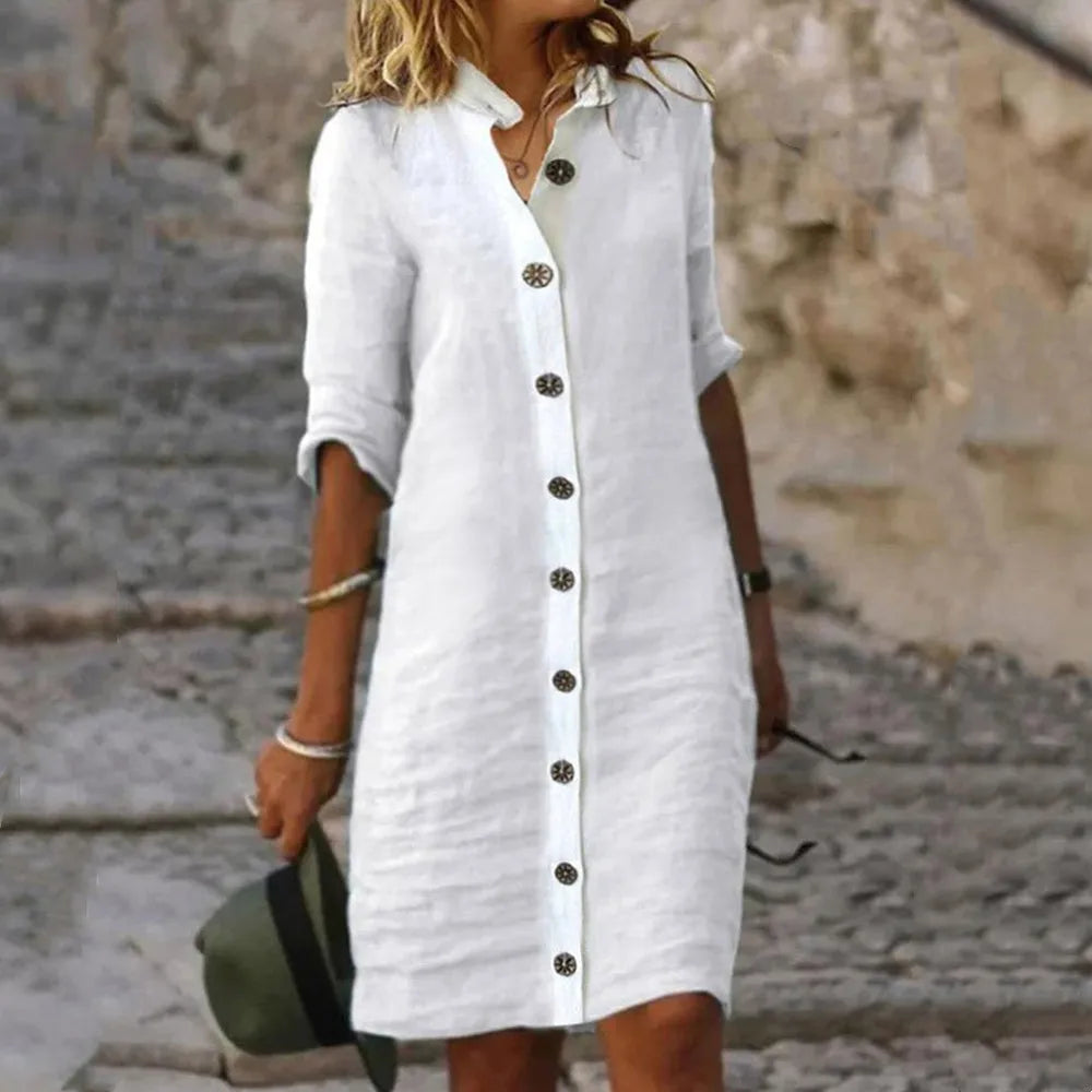 Casual Linen Shirt Dress with Button Front and Three Quarter Sleeves