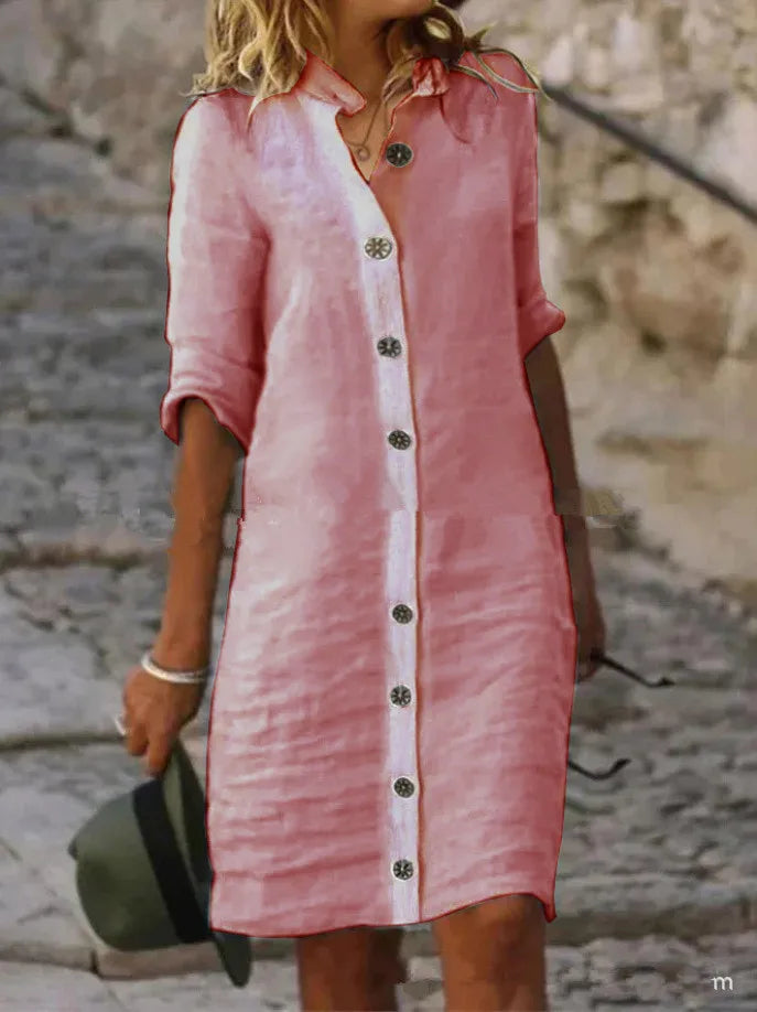 Casual Linen Shirt Dress with Button Front and Three Quarter Sleeves