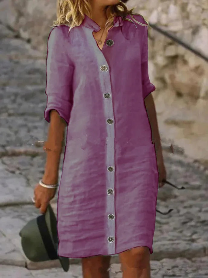 Casual Linen Shirt Dress with Button Front and Three Quarter Sleeves