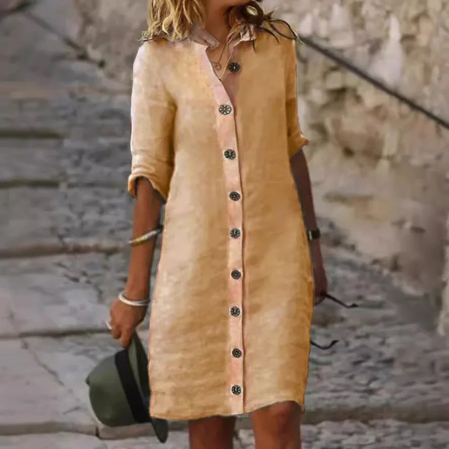 Casual Linen Shirt Dress with Button Front and Three Quarter Sleeves