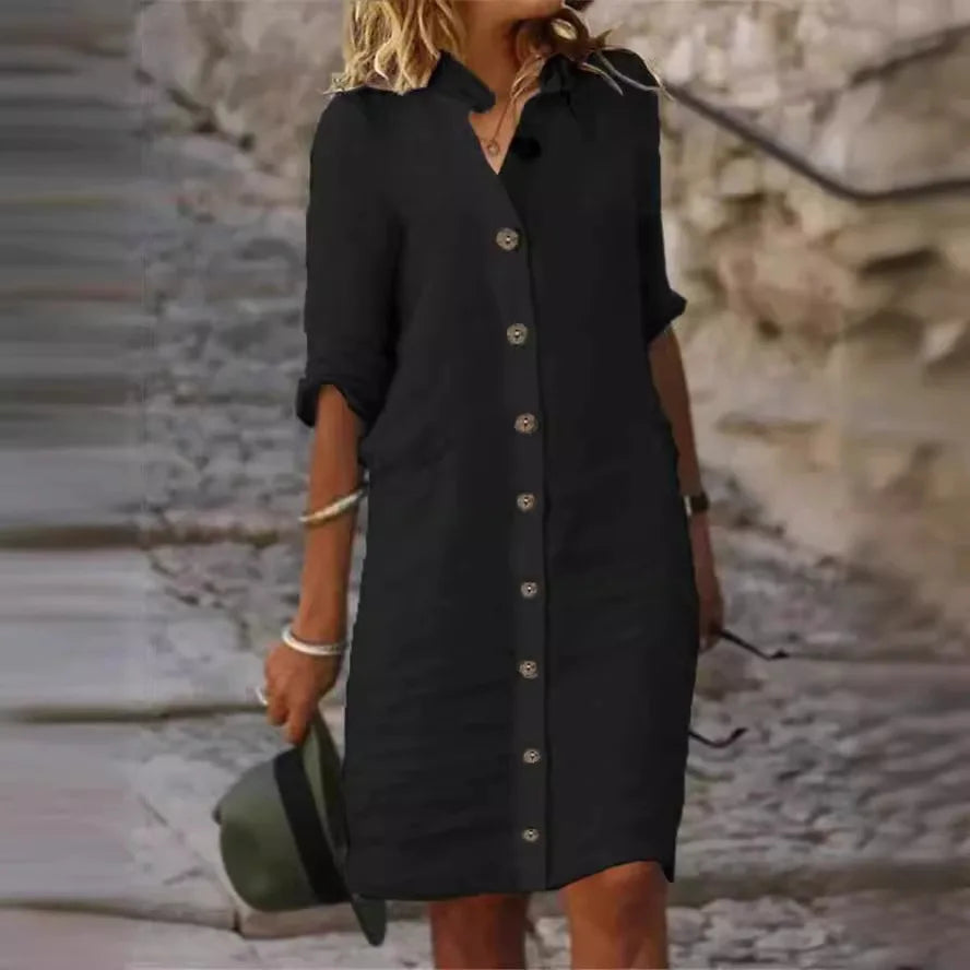 Casual Linen Shirt Dress with Button Front and Three Quarter Sleeves