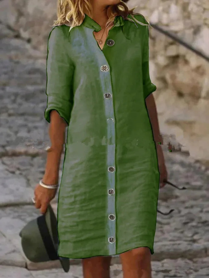 Casual Linen Shirt Dress with Button Front and Three Quarter Sleeves