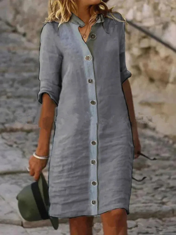 Casual Linen Shirt Dress with Button Front and Three Quarter Sleeves