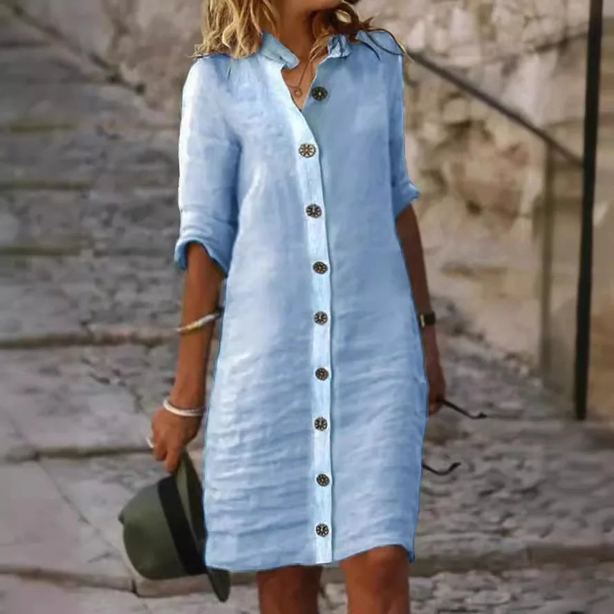 Casual Linen Shirt Dress with Button Front and Three Quarter Sleeves