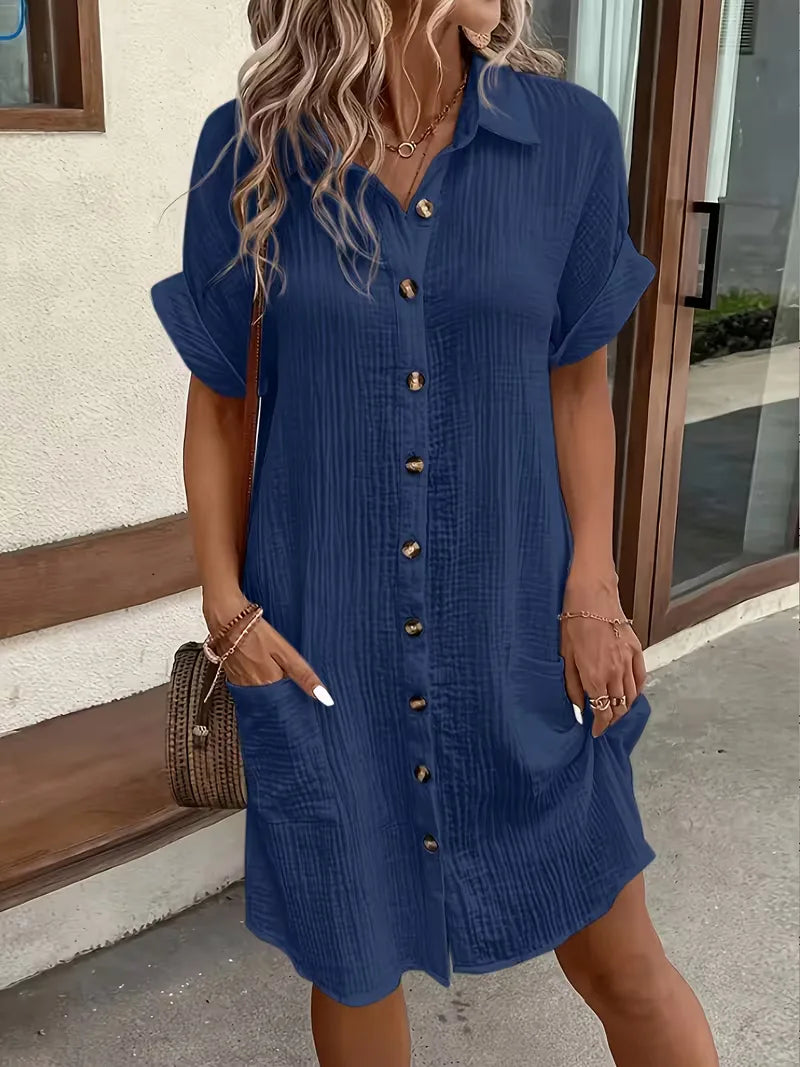 Casual Linen Shirt Dress with Short Sleeves and Pockets