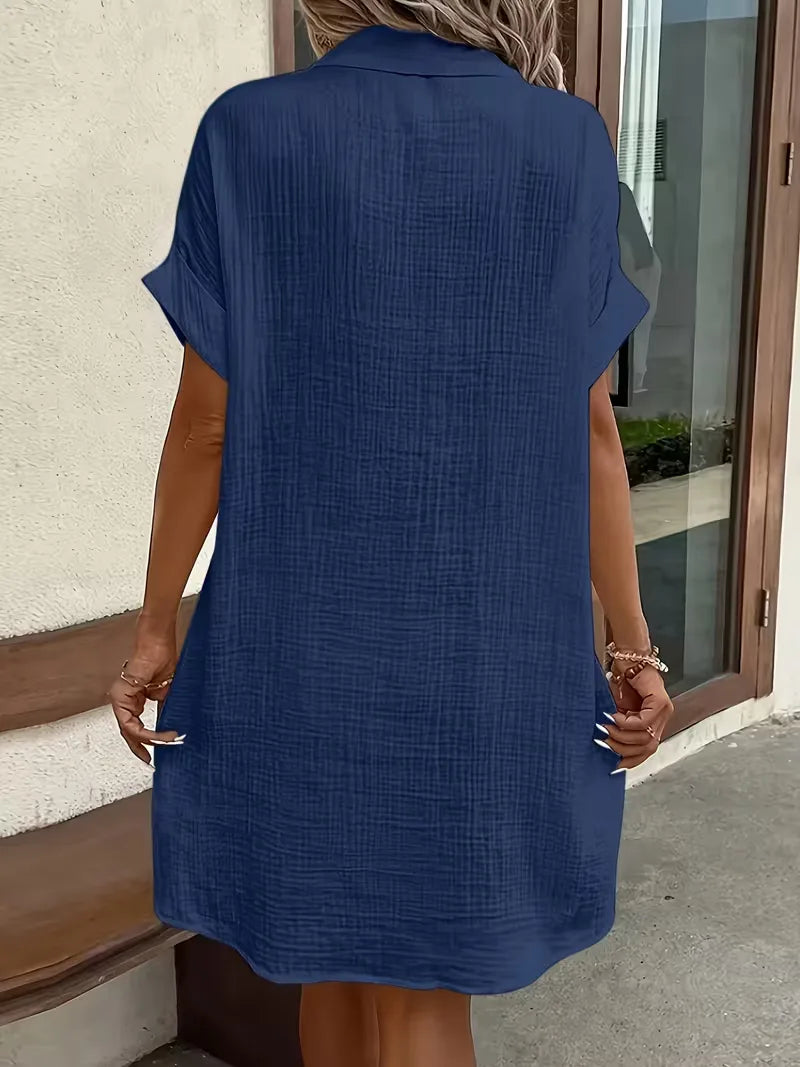 Casual Linen Shirt Dress with Short Sleeves and Pockets