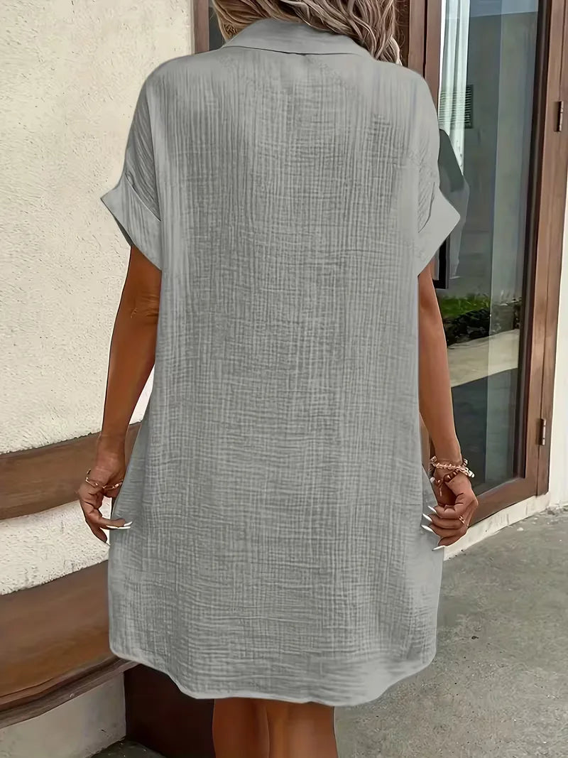 Casual Linen Shirt Dress with Short Sleeves and Pockets