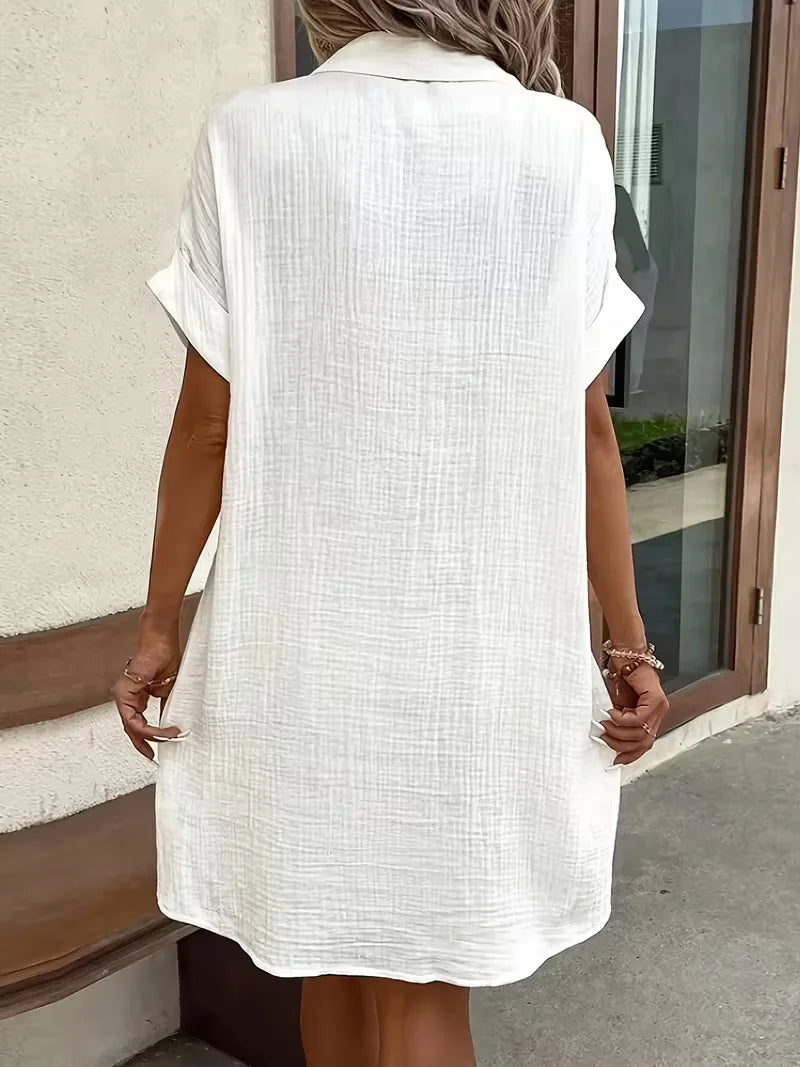 Casual Linen Shirt Dress with Short Sleeves and Pockets