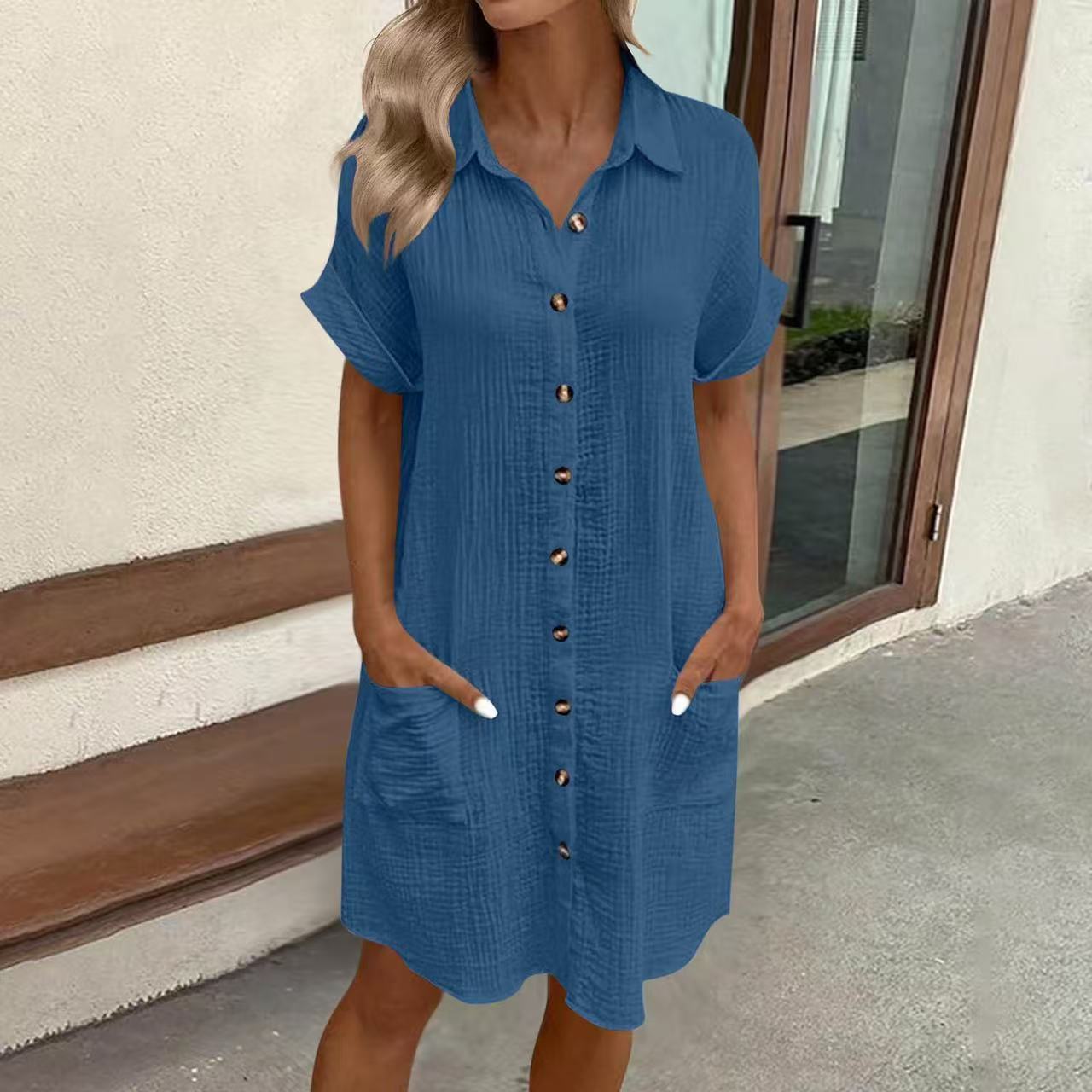 Casual Linen Shirt Dress with Short Sleeves and Pockets