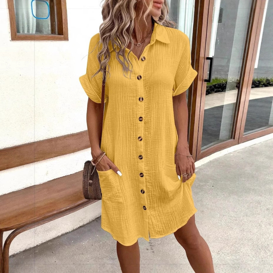 Casual Linen Shirt Dress with Short Sleeves and Pockets