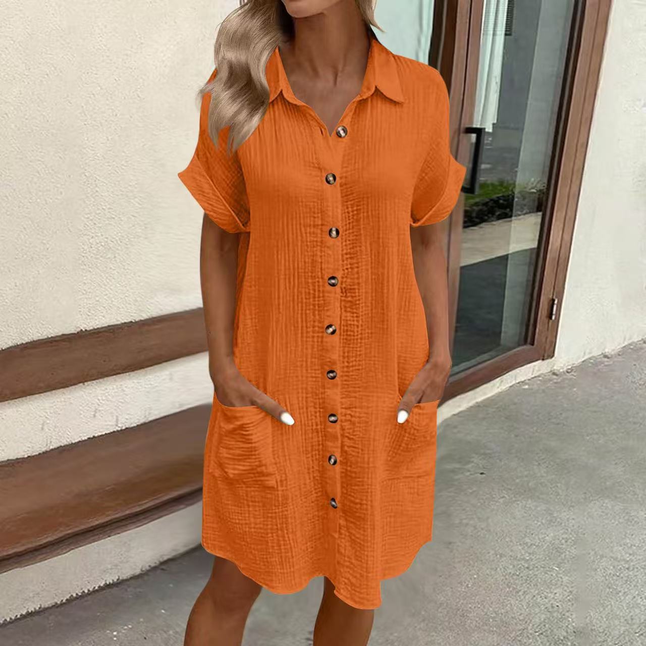 Casual Linen Shirt Dress with Short Sleeves and Pockets
