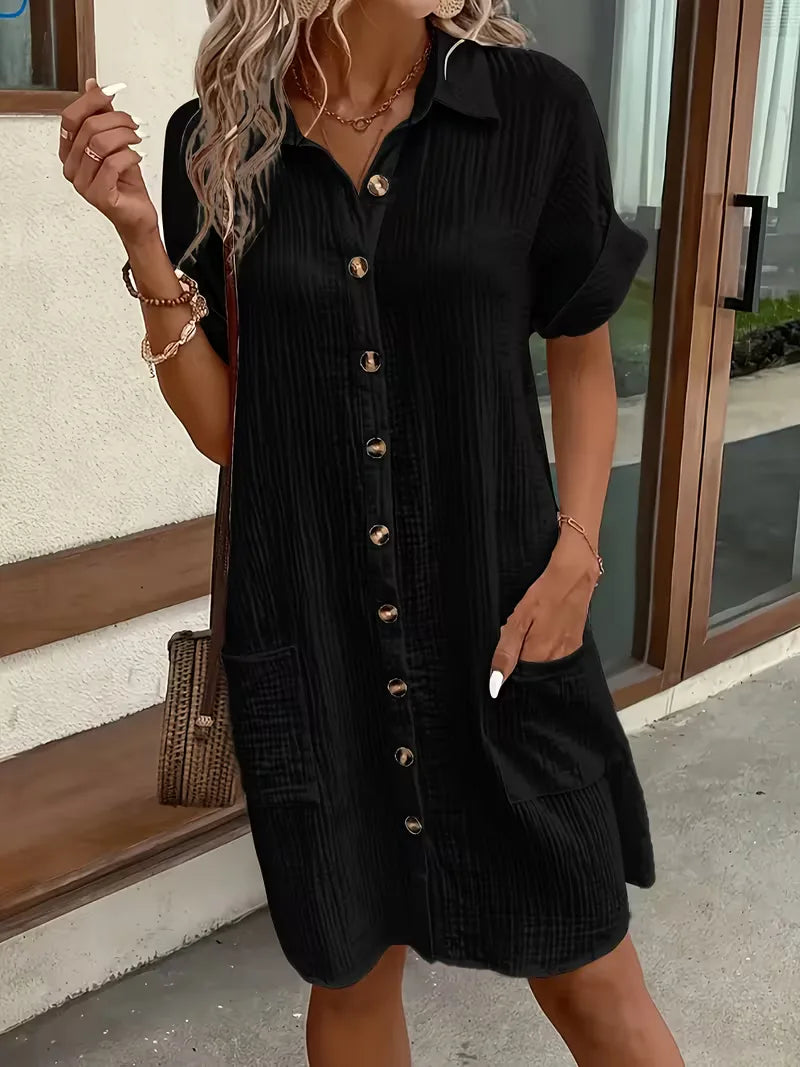 Casual Linen Shirt Dress with Short Sleeves and Pockets
