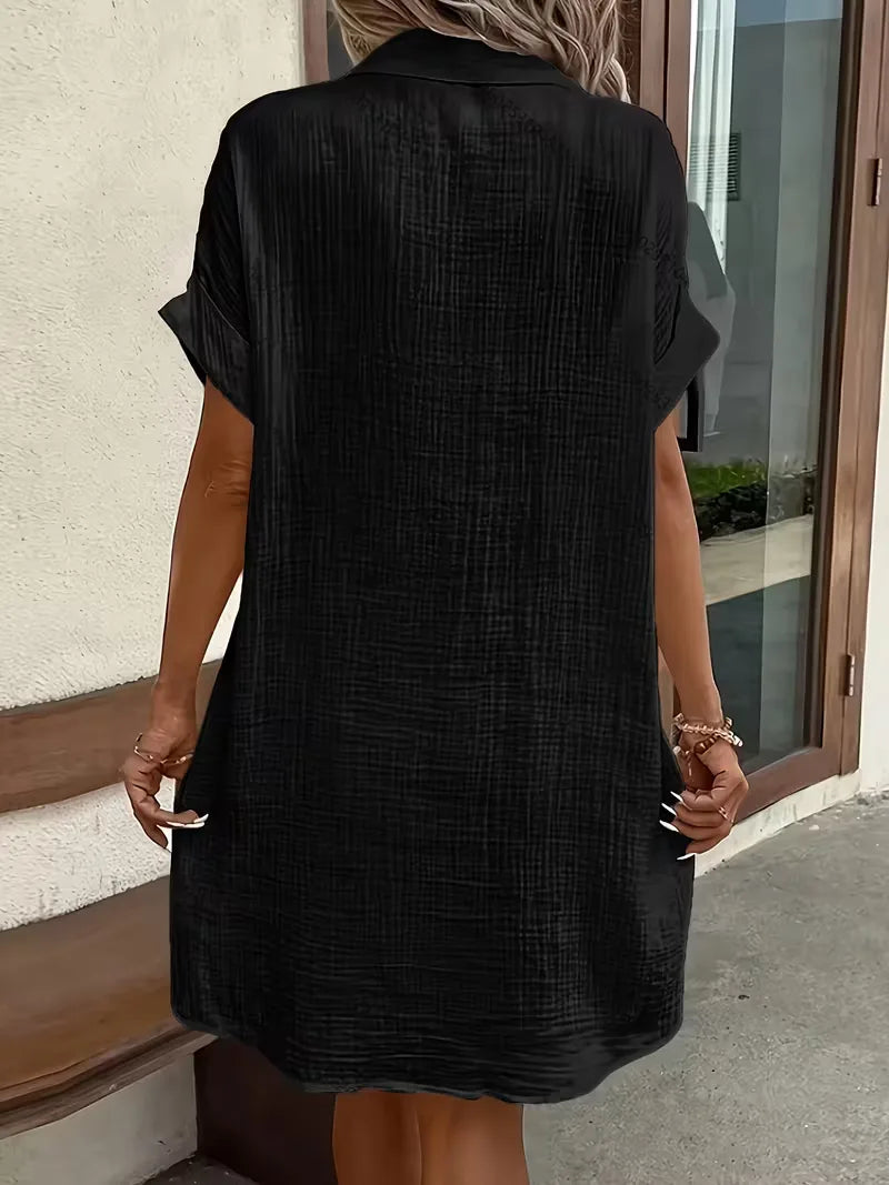 Casual Linen Shirt Dress with Short Sleeves and Pockets
