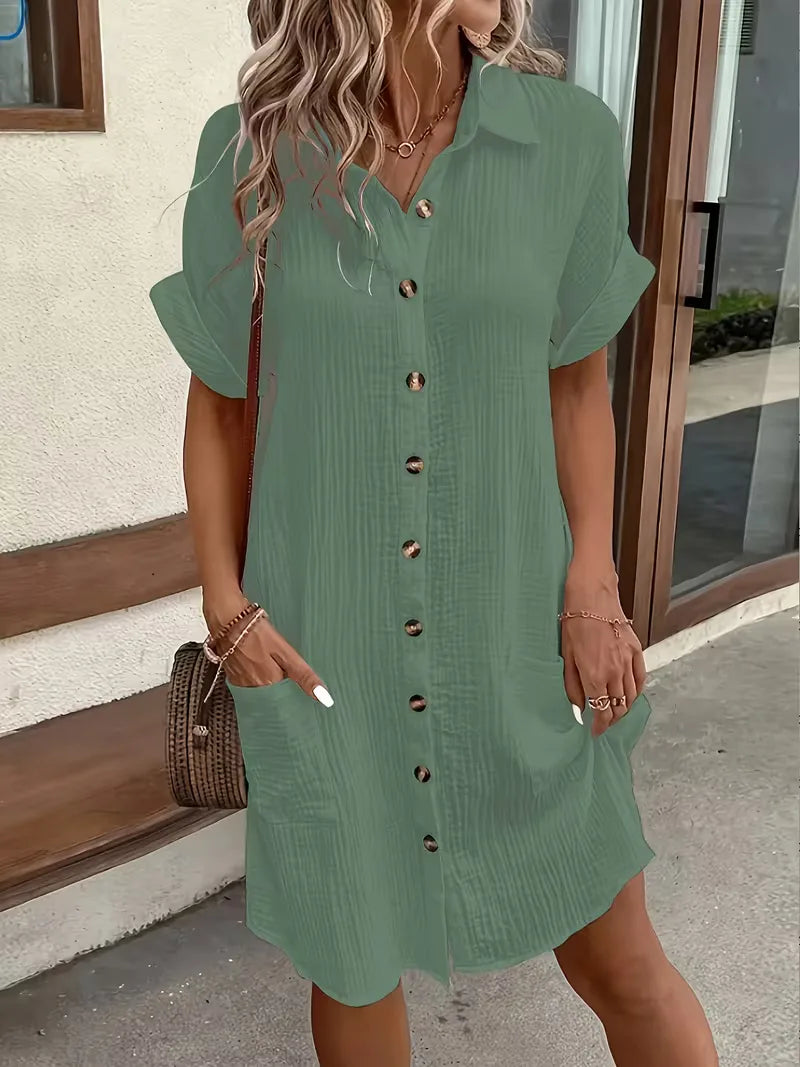 Casual Linen Shirt Dress with Short Sleeves and Pockets
