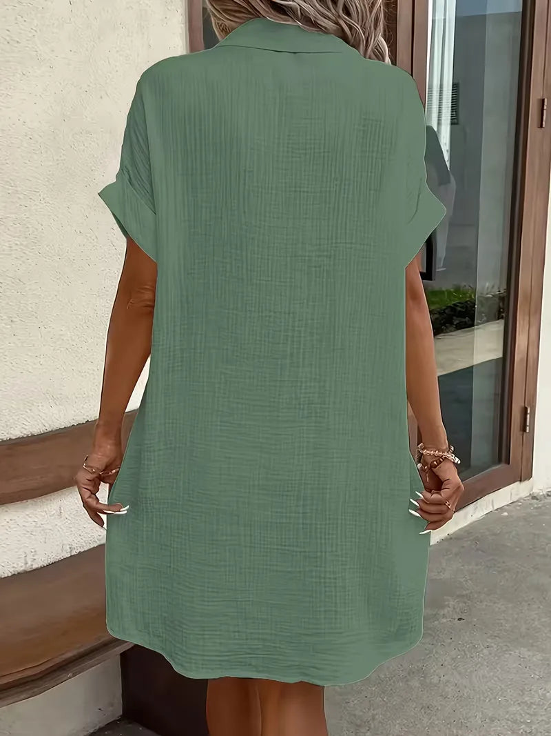 Casual Linen Shirt Dress with Short Sleeves and Pockets
