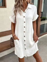 Casual Linen Shirt Dress with Short Sleeves and Pockets