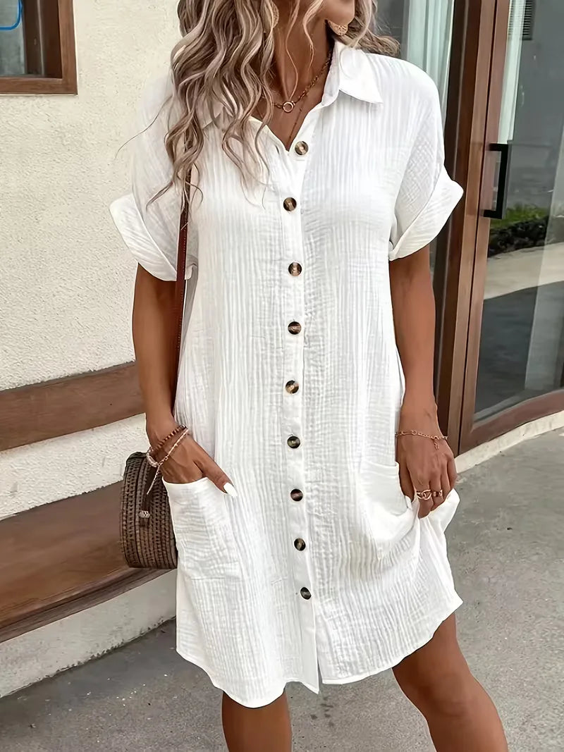 Casual Linen Shirt Dress with Short Sleeves and Pockets