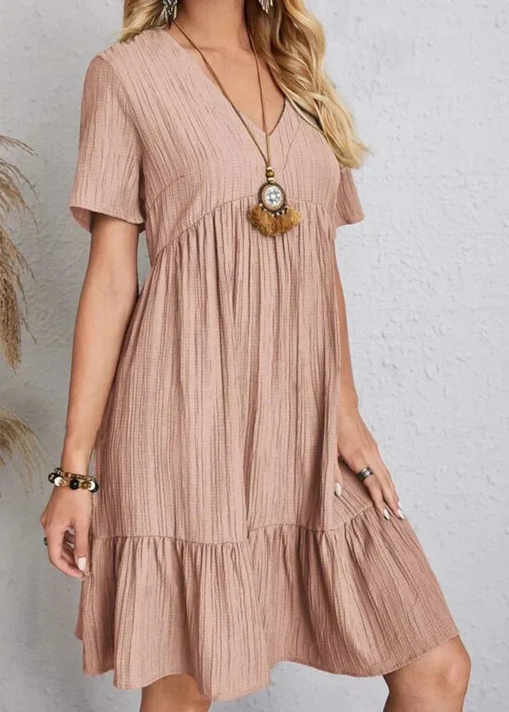 Casual Tiered Ruffle Hem Mini Dress with V-Neckline