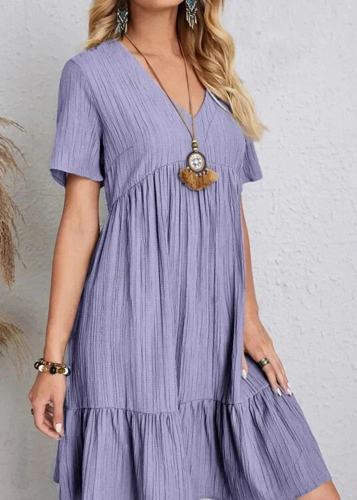 Casual Tiered Ruffle Hem Mini Dress with V-Neckline