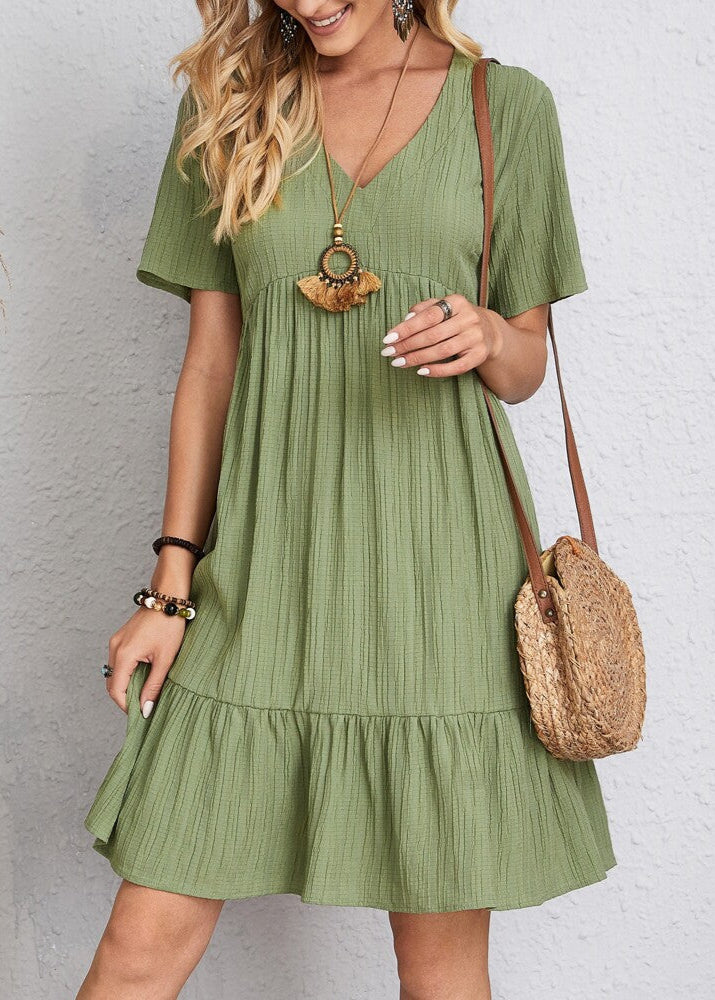 Casual Tiered Ruffle Hem Mini Dress with V-Neckline