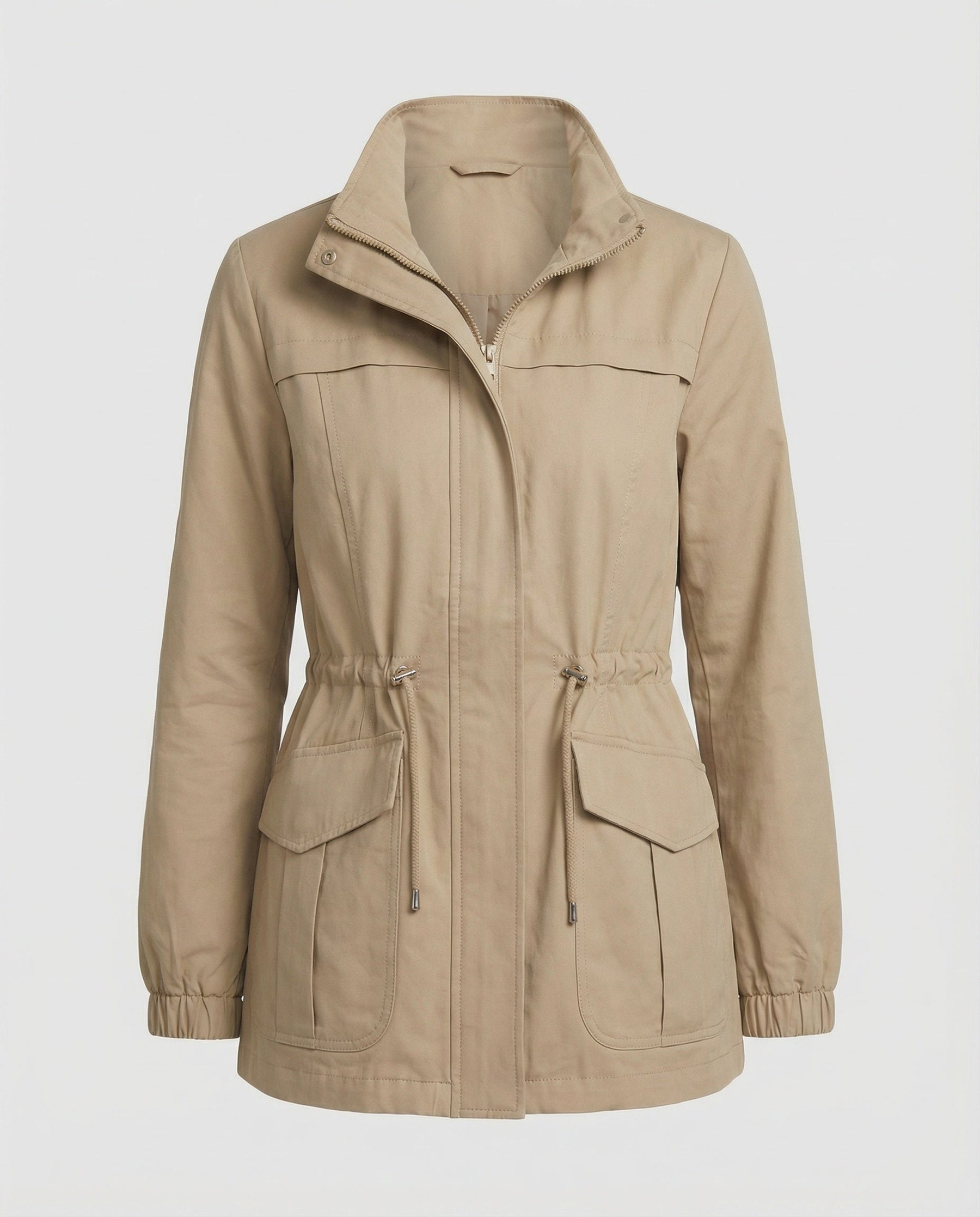 Casual Utility Jacket with Drawstring Waist and Flap Pockets