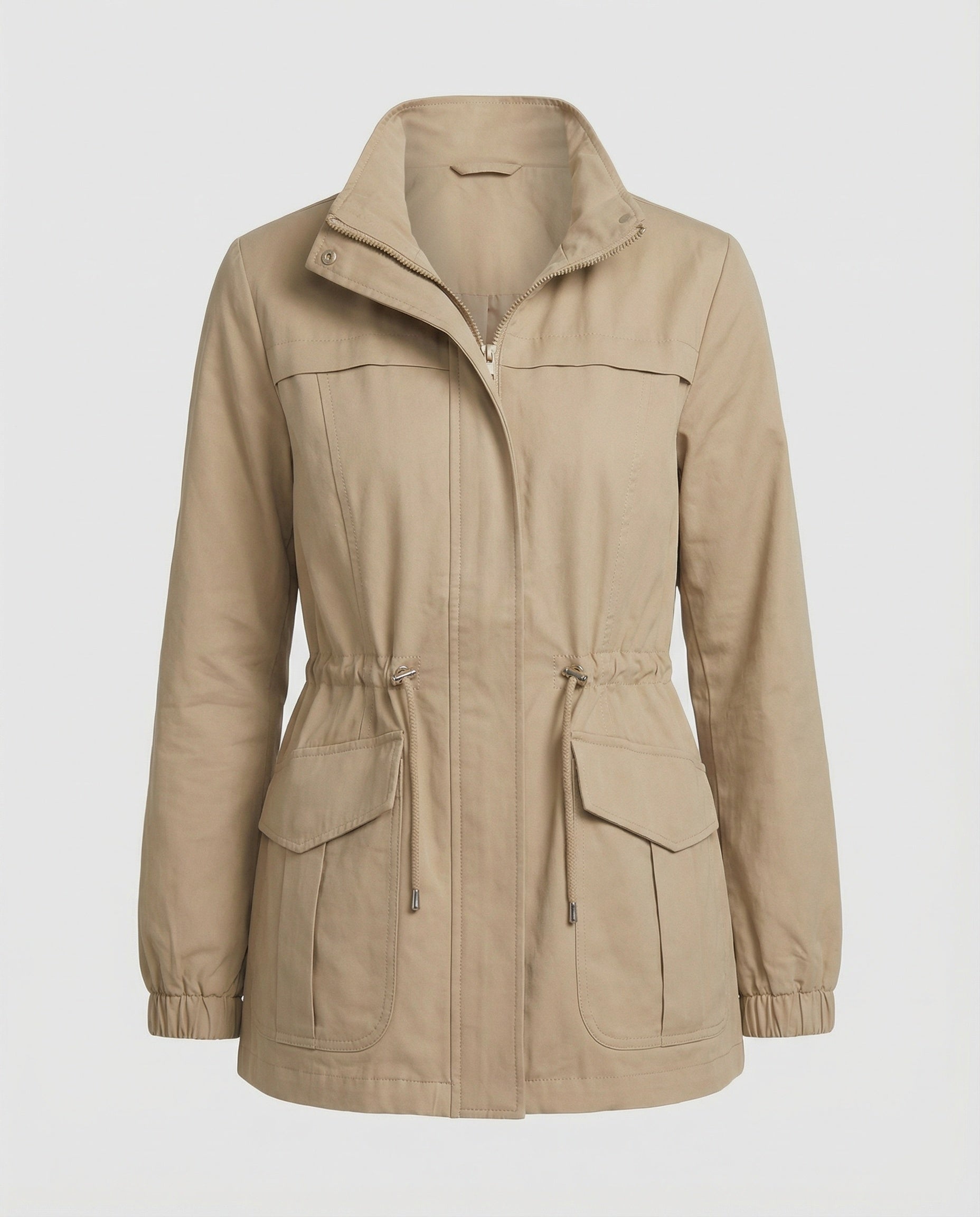 Casual Utility Jacket with Drawstring Waist and Flap Pockets
