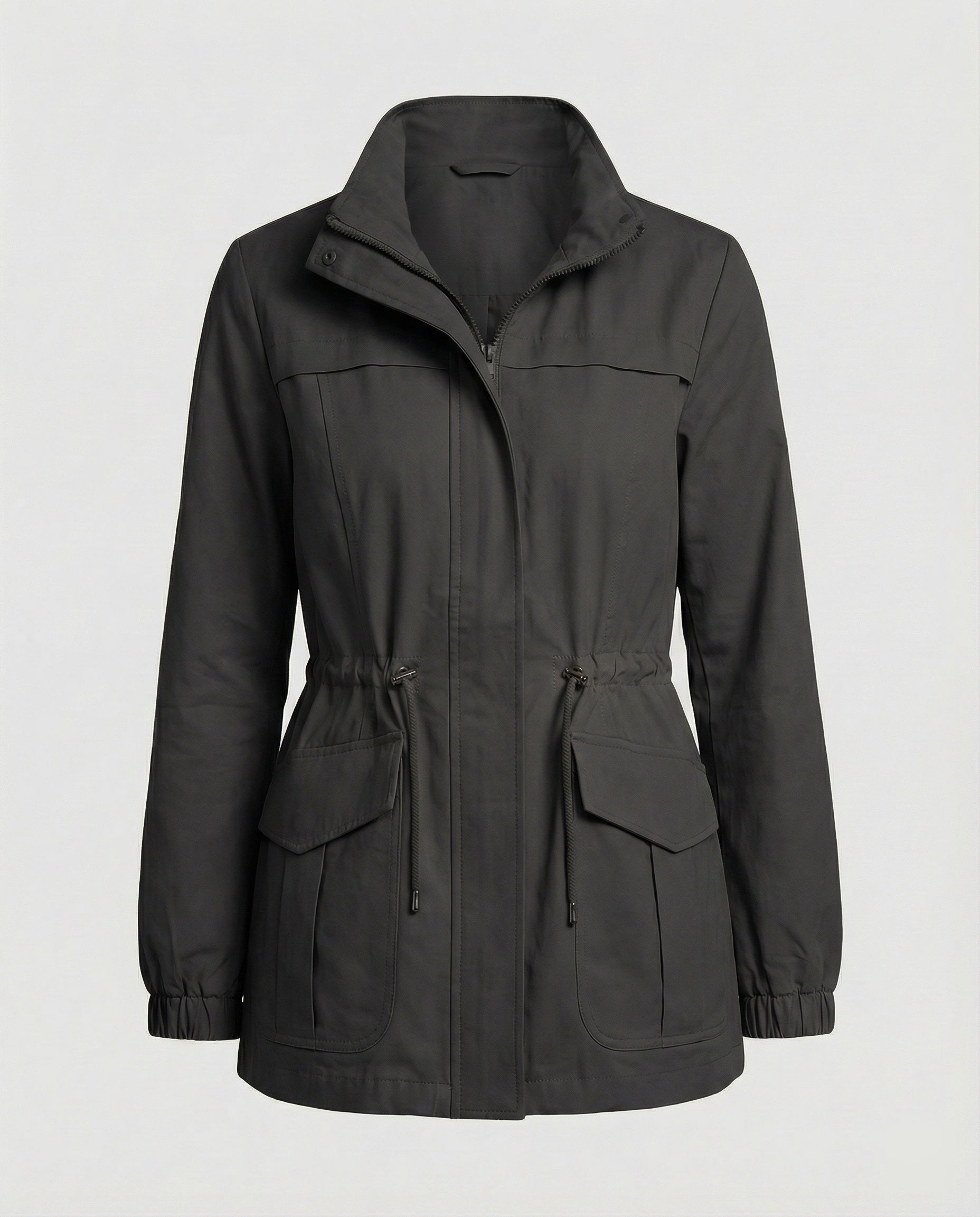 Casual Utility Jacket with Drawstring Waist and Flap Pockets