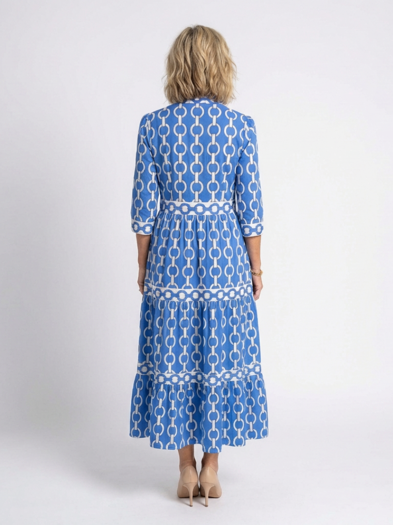 Chain Print Tiered Midi Dress with Three Quarter Sleeves and Collar