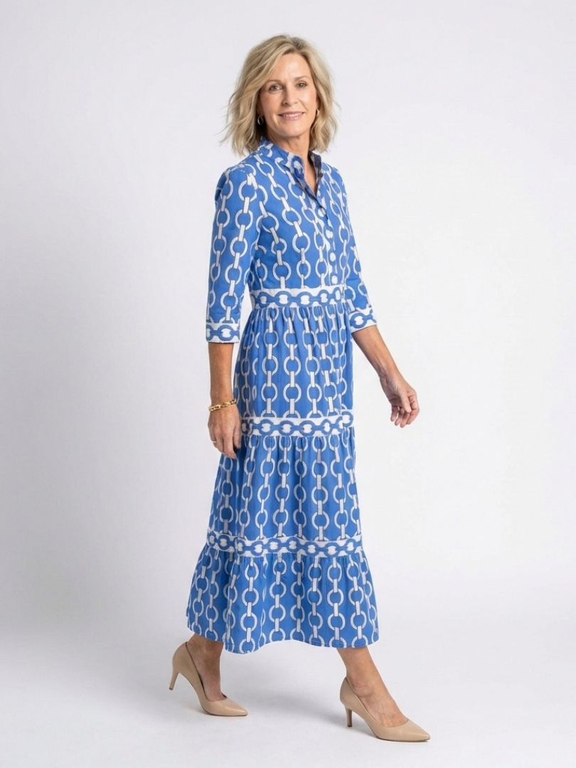 Chain Print Tiered Midi Dress with Three Quarter Sleeves and Collar
