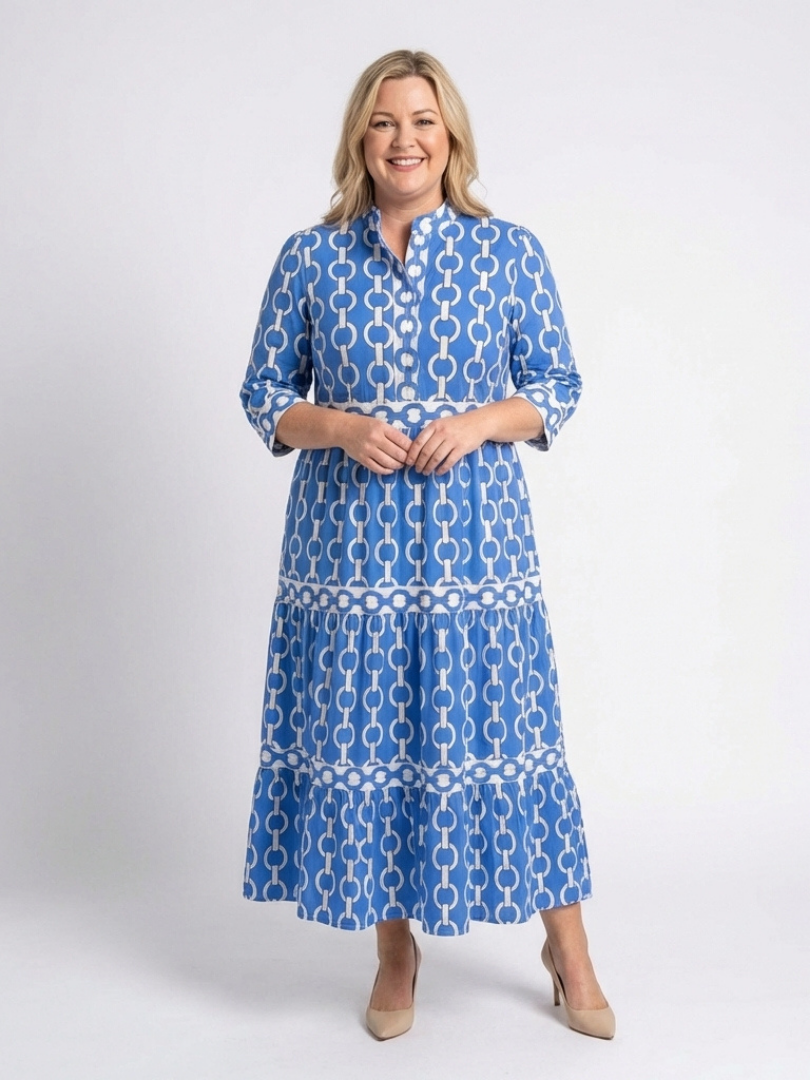 Chain Print Tiered Midi Dress with Three Quarter Sleeves and Collar